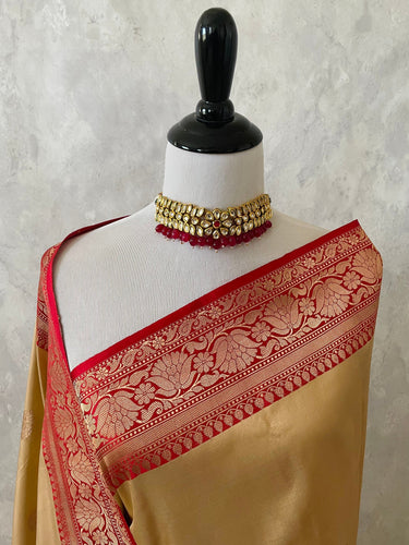 Banarasi Katan Silk Saree | Deep Beige and Red | Handwoven | Silk Mark Certified | Ships from California
